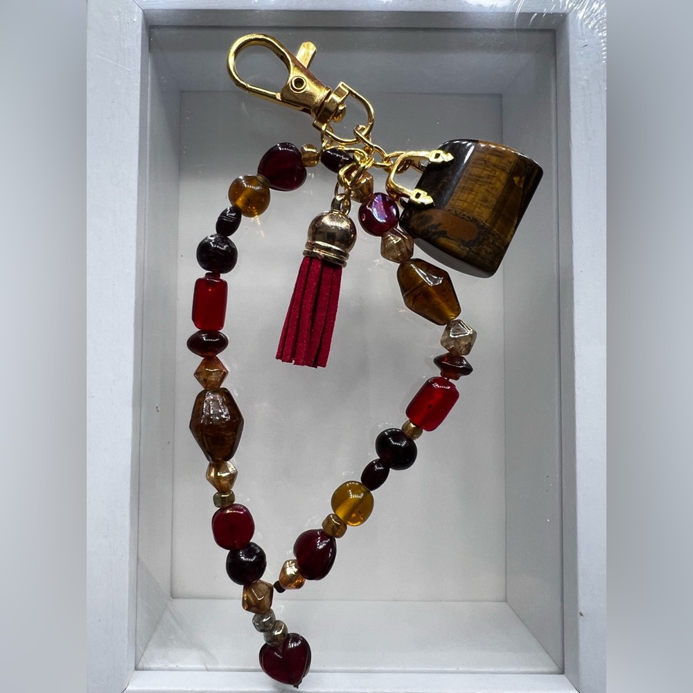 Vintage Glass Bead & Gemstone Purse Charm – Fringe Pom Accent